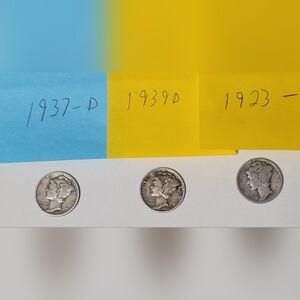 Md1 Set of 3 Silver Mercury Dimes: 1923 no mint, 1937 d & 1939 d